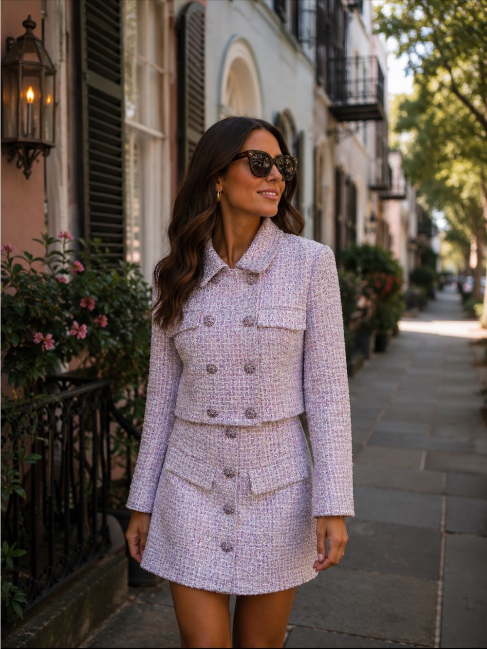 Self-Portrait Lilac Tweed Cropped Blazer and Skirt Set